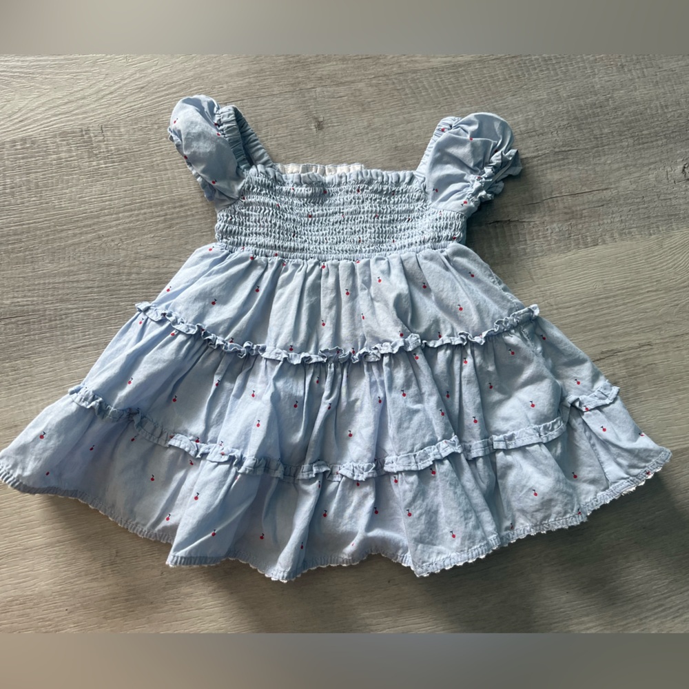 Janie and Jack Light Blue Ruffled Baby Dress with Cherry Accents